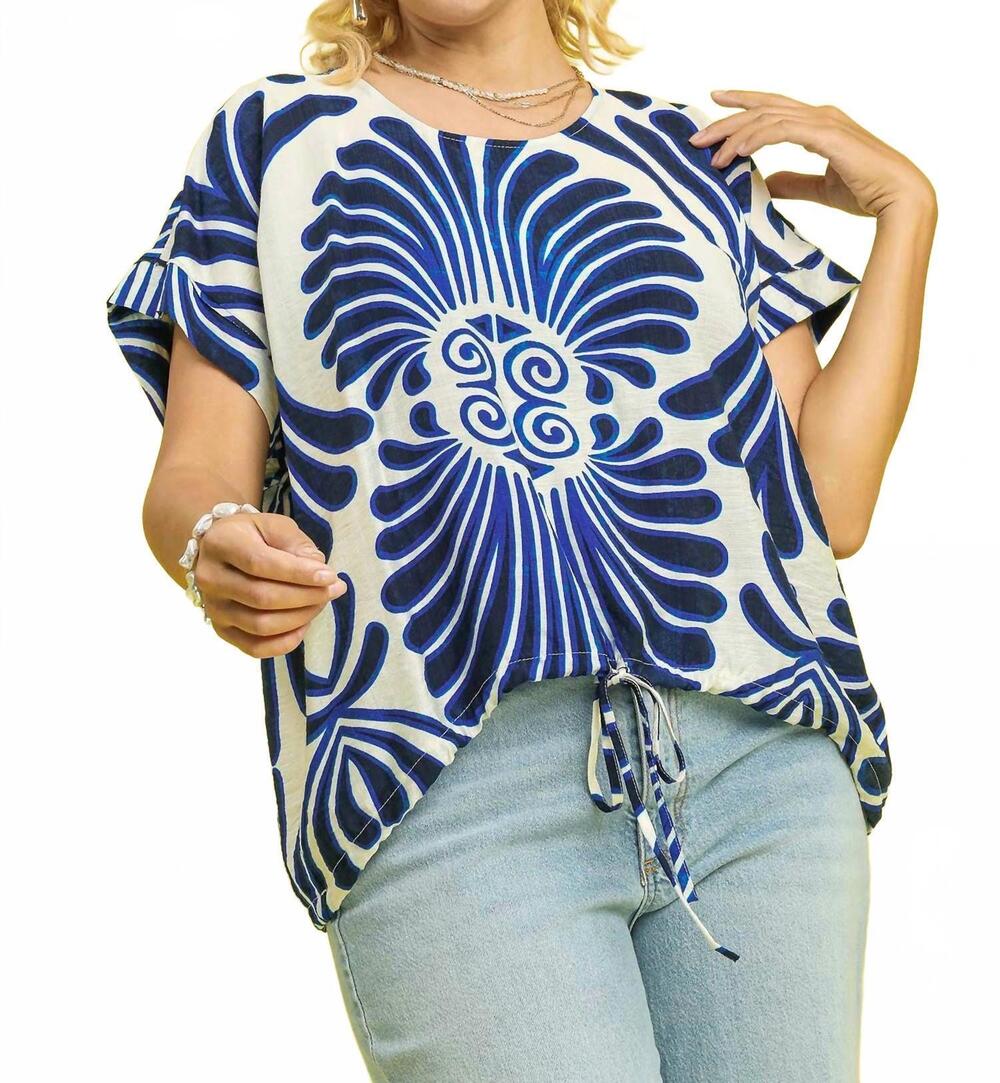 NEW UMGEE printed tie hem blouse - plus in navy